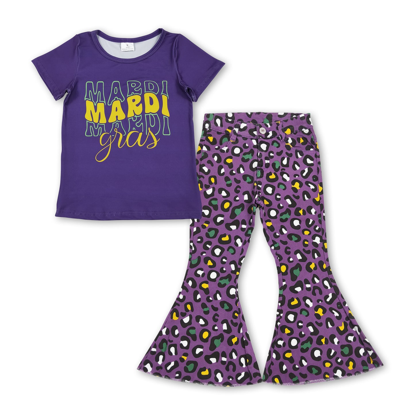 Mardi Gras top purple leopard jeans girls clothing set