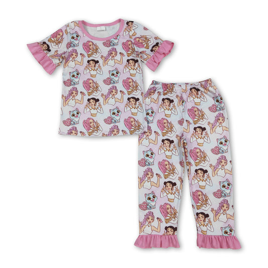 Pink ruffle short sleeves music kids girls pajamas
