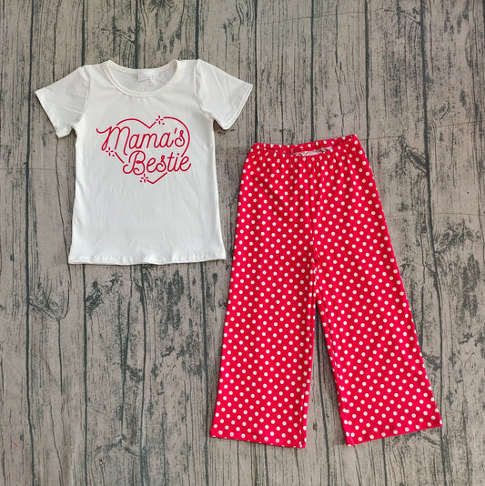 Mama's bestie heart top polka dots pants girls outfits
