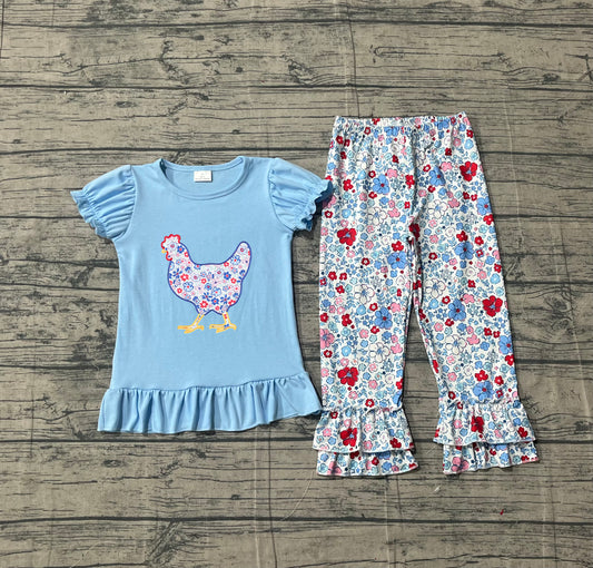 Floral chicken embroidery top ruffle pants girls outfits