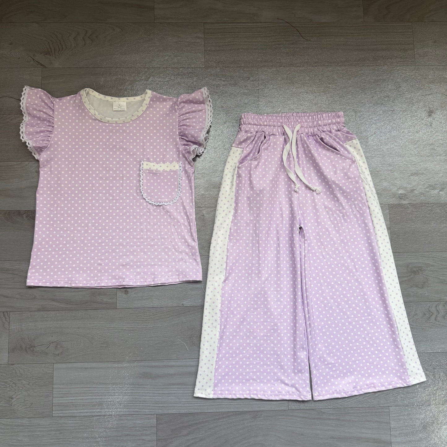 Lavender polka dots flutter sleeves top pants girls outfits