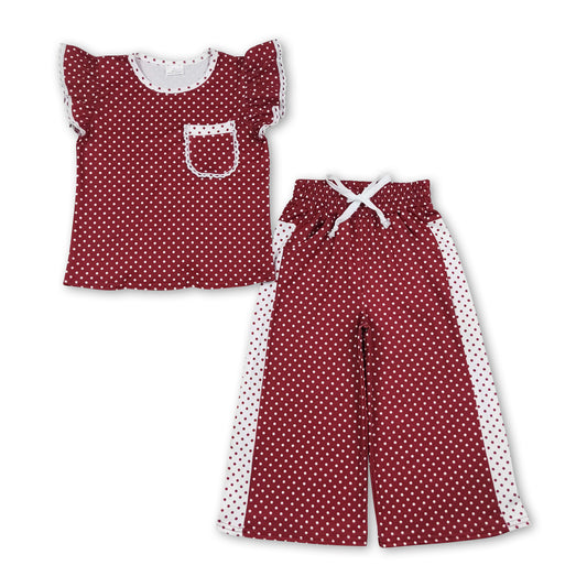 Maroon polka dots flutter sleeves top pants girls outfits