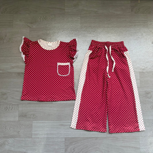 Maroon polka dots flutter sleeves top pants girls outfits