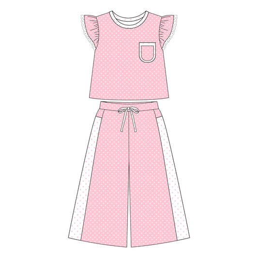 Pink polka dots flutter sleeves top pants girls outfits