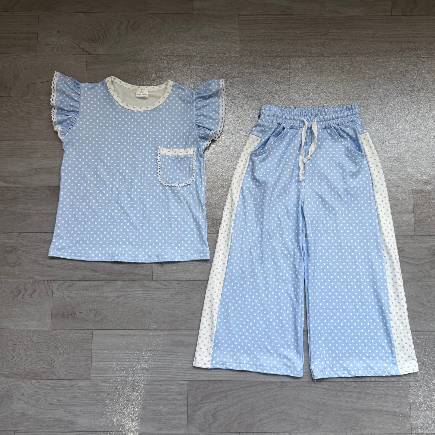 Blue polka dots flutter sleeves top pants girls outfits