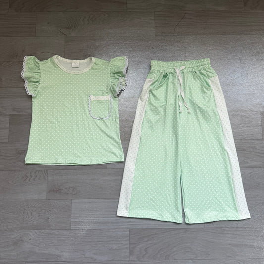 Green polka dots flutter sleeves top pants girls outfits