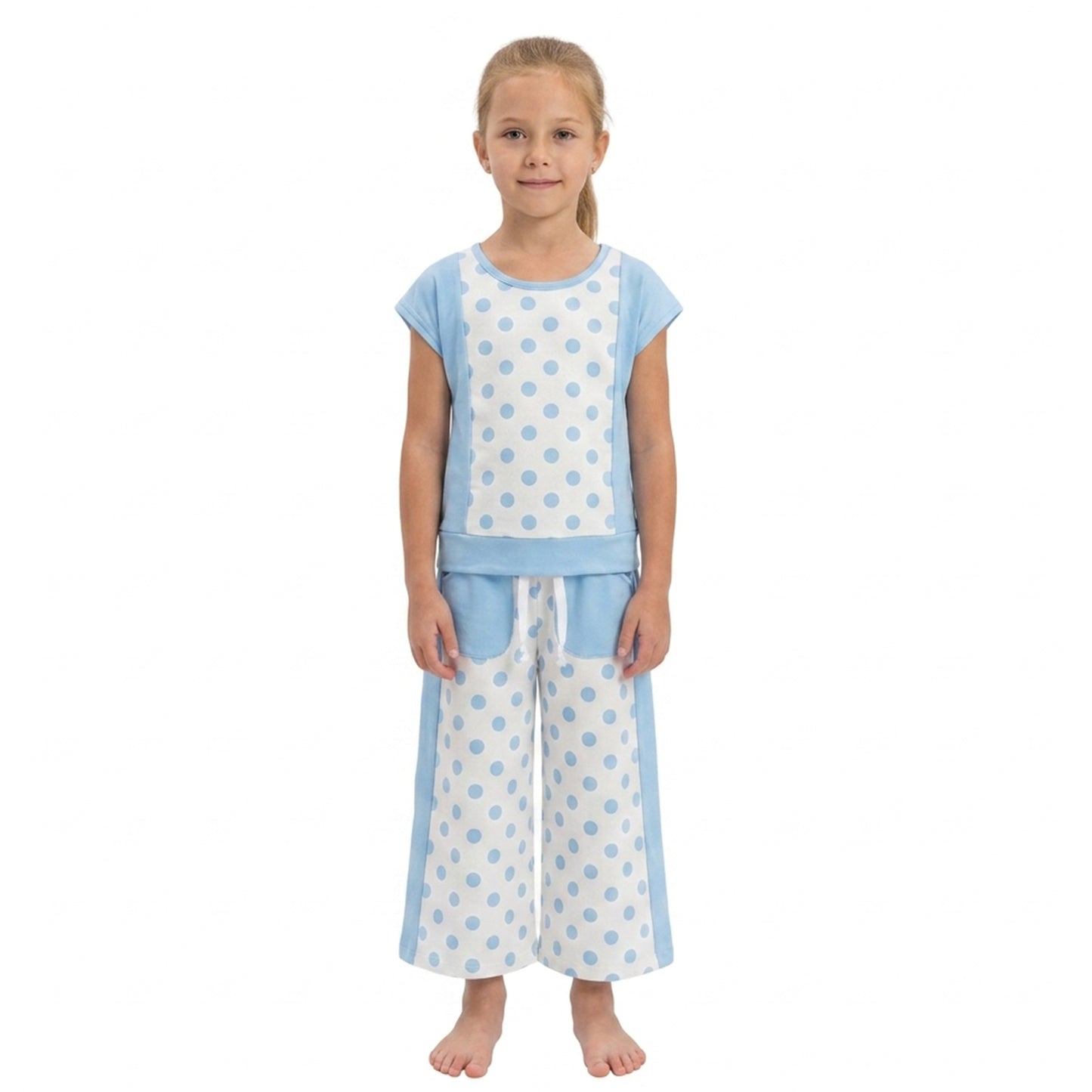 Blue polka dots top pockets pants girls active set