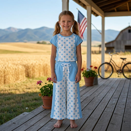 Blue polka dots top pockets pants girls active set