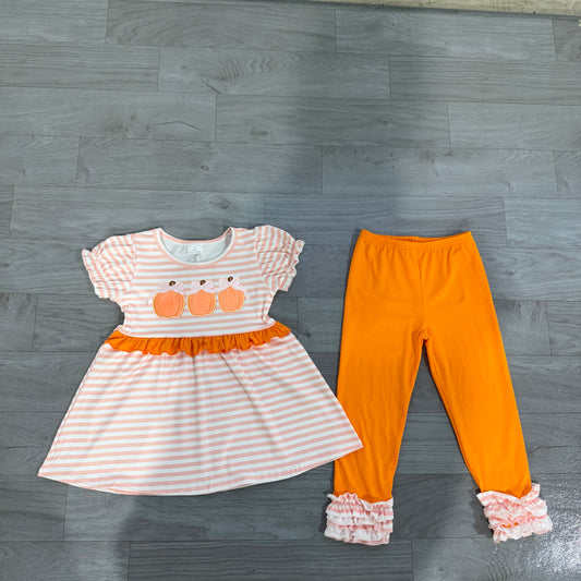 Pumpkin bow embroidery tunic leggings girls fall clothes