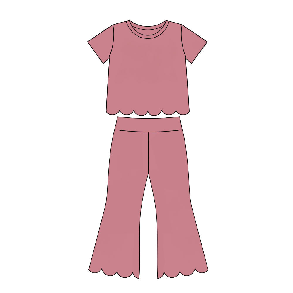 Short sleeves scallop cotton top pants girls outfits