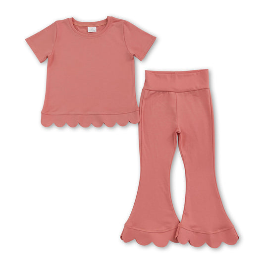 Short sleeves peach scallop cotton top pants girls outfits