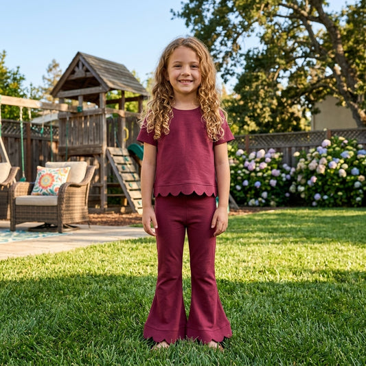 Short sleeves scallop rose red cotton top pants girls outfits
