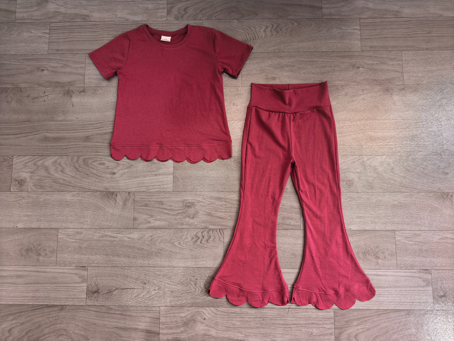 Short sleeves scallop wine cotton top pants girls outfits
