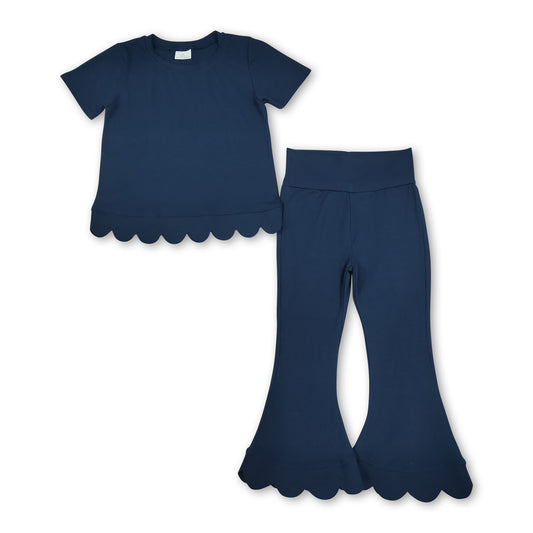 Short sleeves scallop navy cotton top pants girls outfits
