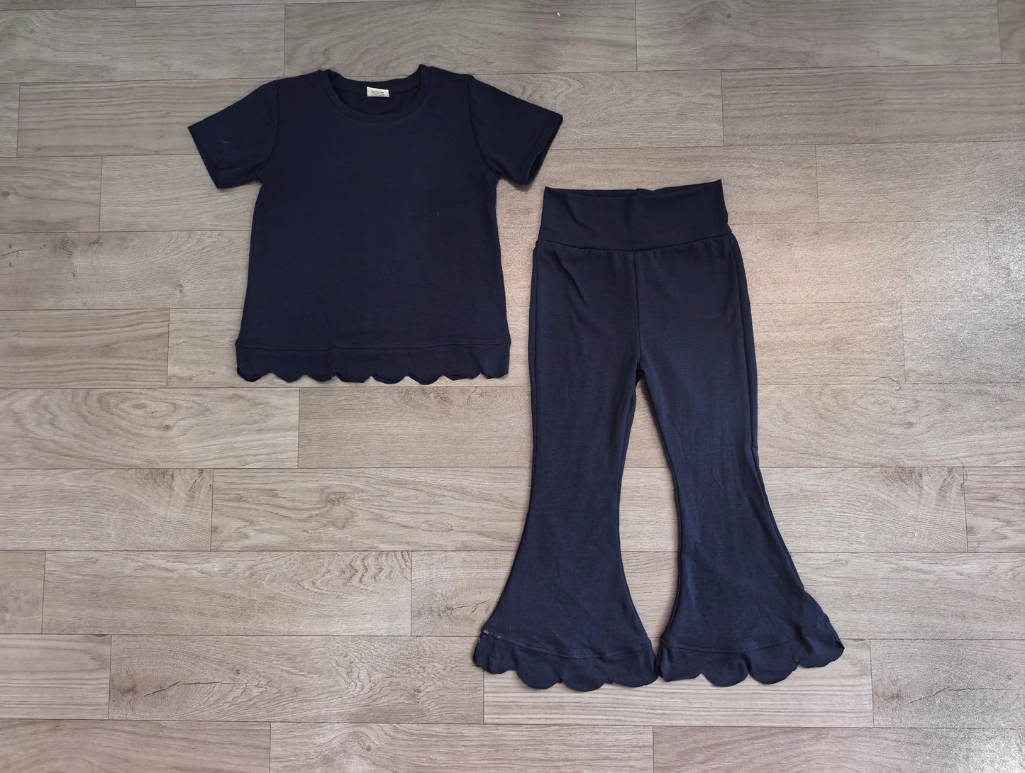Short sleeves scallop navy cotton top pants girls outfits