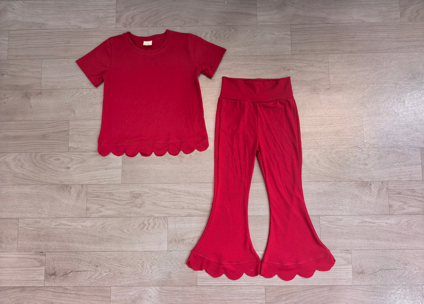 Short sleeves scallop maroon cotton top pants girls outfits