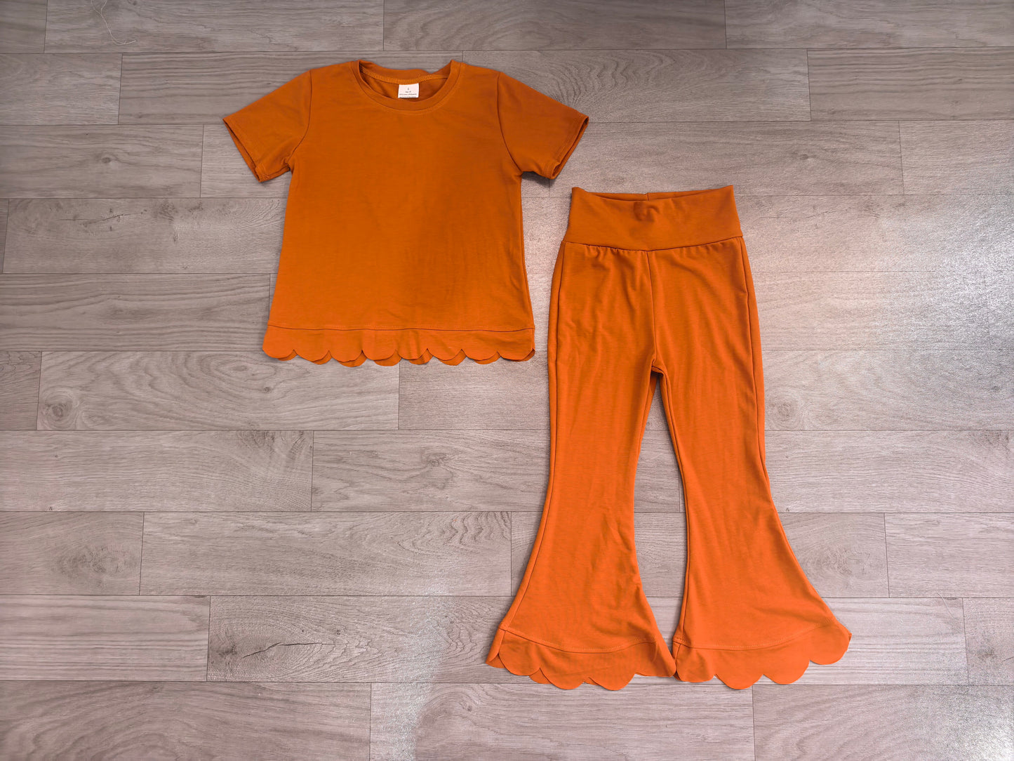 Short sleeves scallop brown cotton top pants girls outfits