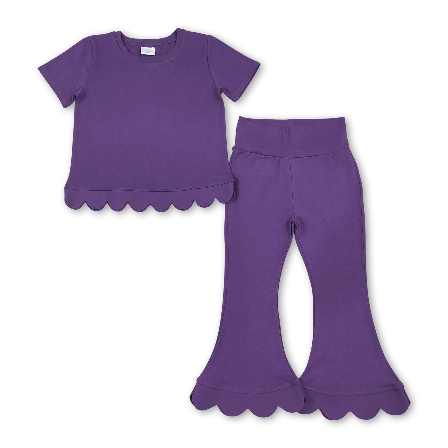 Short sleeves scallop purple cotton top pants girls outfits