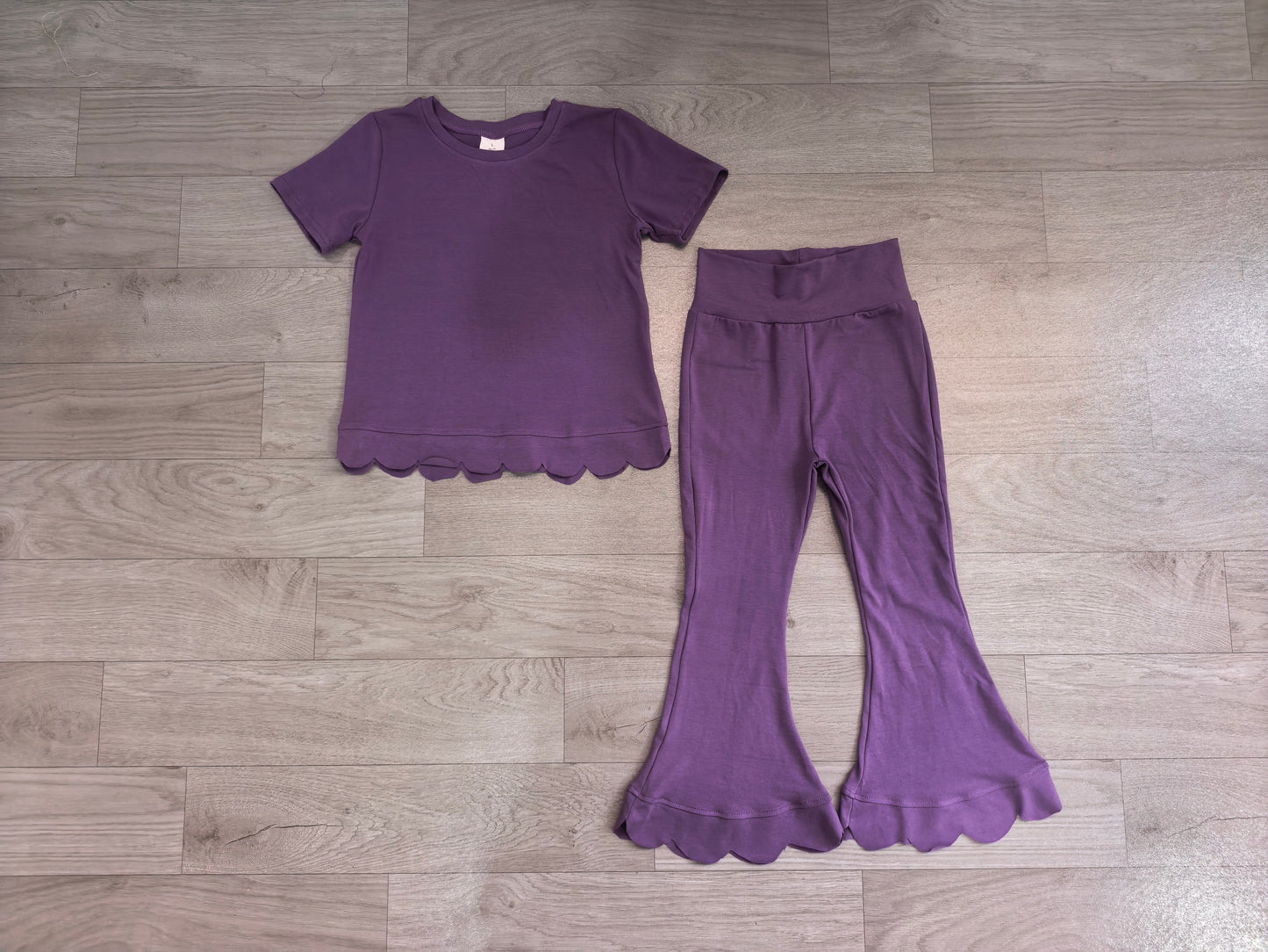 Short sleeves scallop purple cotton top pants girls outfits
