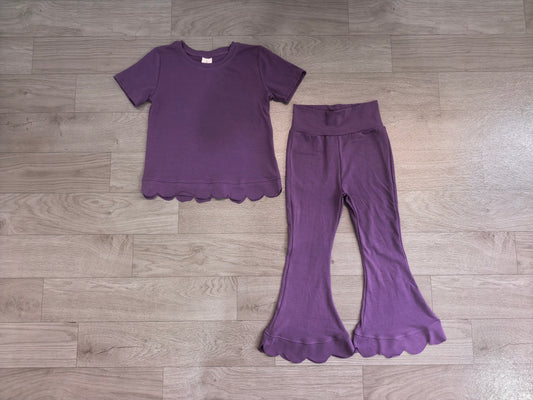 Short sleeves scallop purple cotton top pants girls outfits