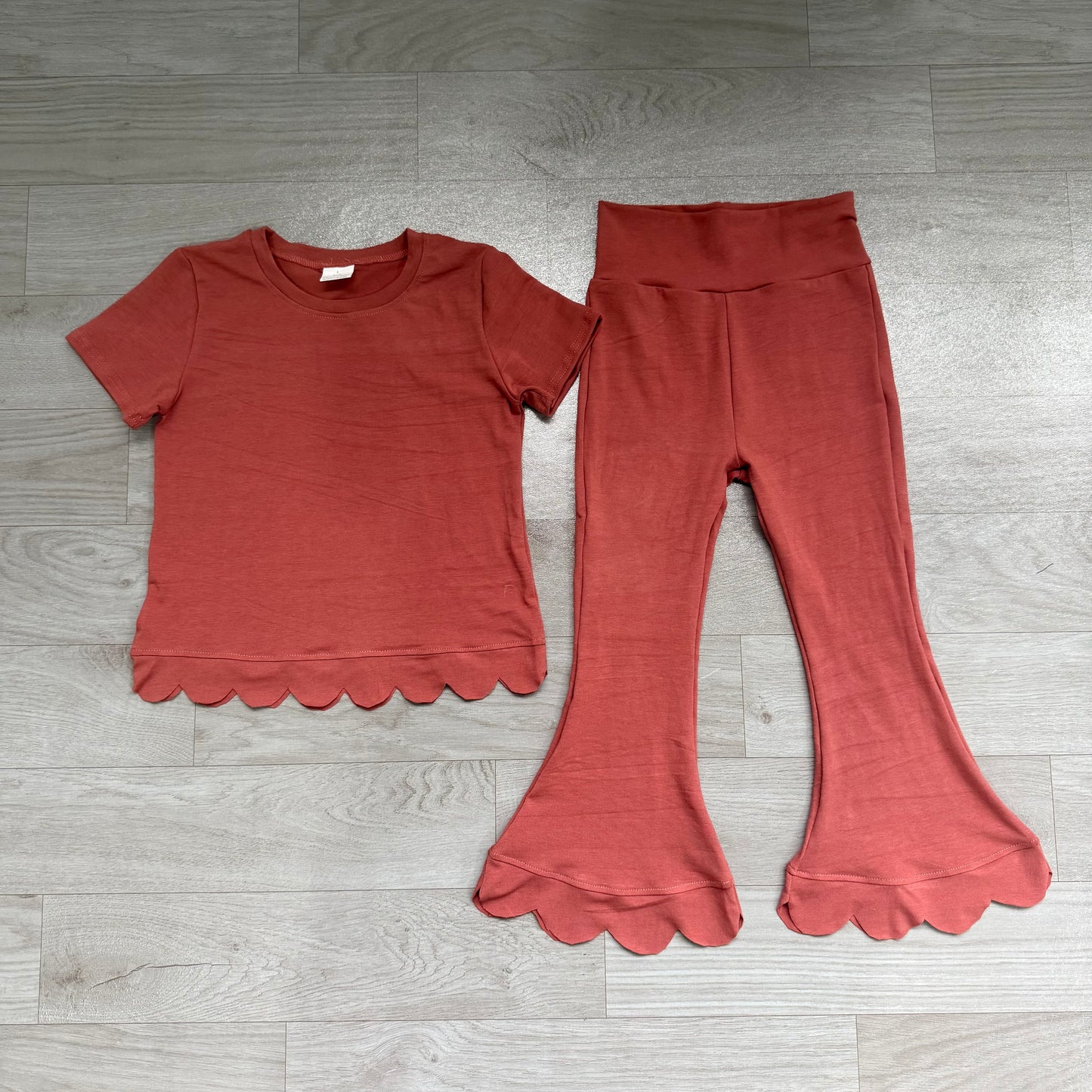 Short sleeves scallop cotton top pants girls fall outfits