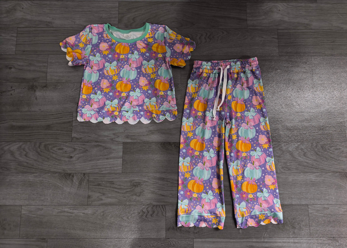 Purple pumpkin bow scallop top pants girls fall clothes