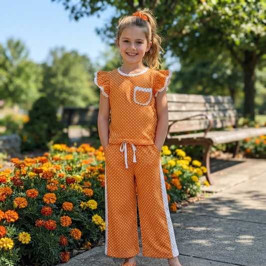 Orange polka dots flutter sleeves top pants girls team outfits