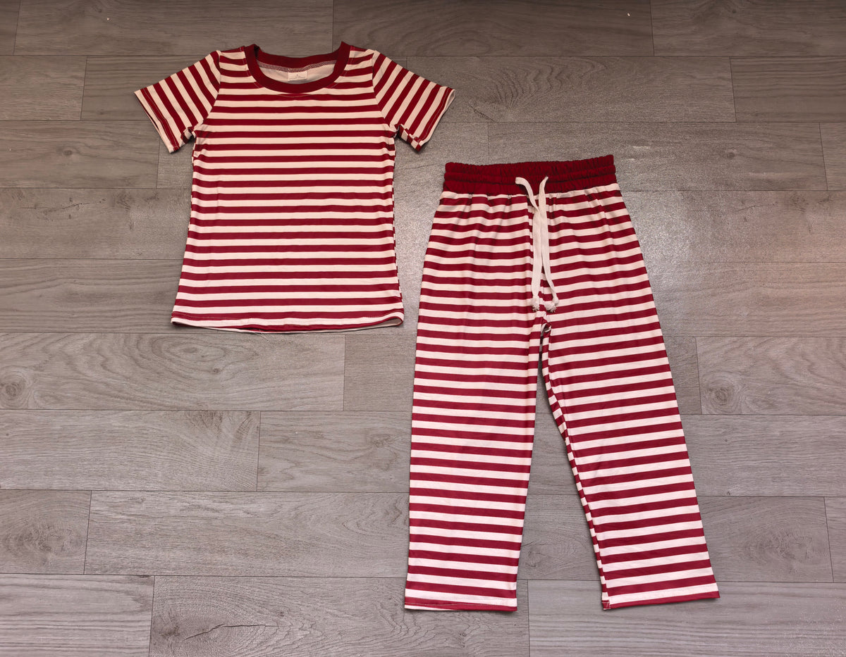 Short sleeves maroon stripe top pants girls outfits