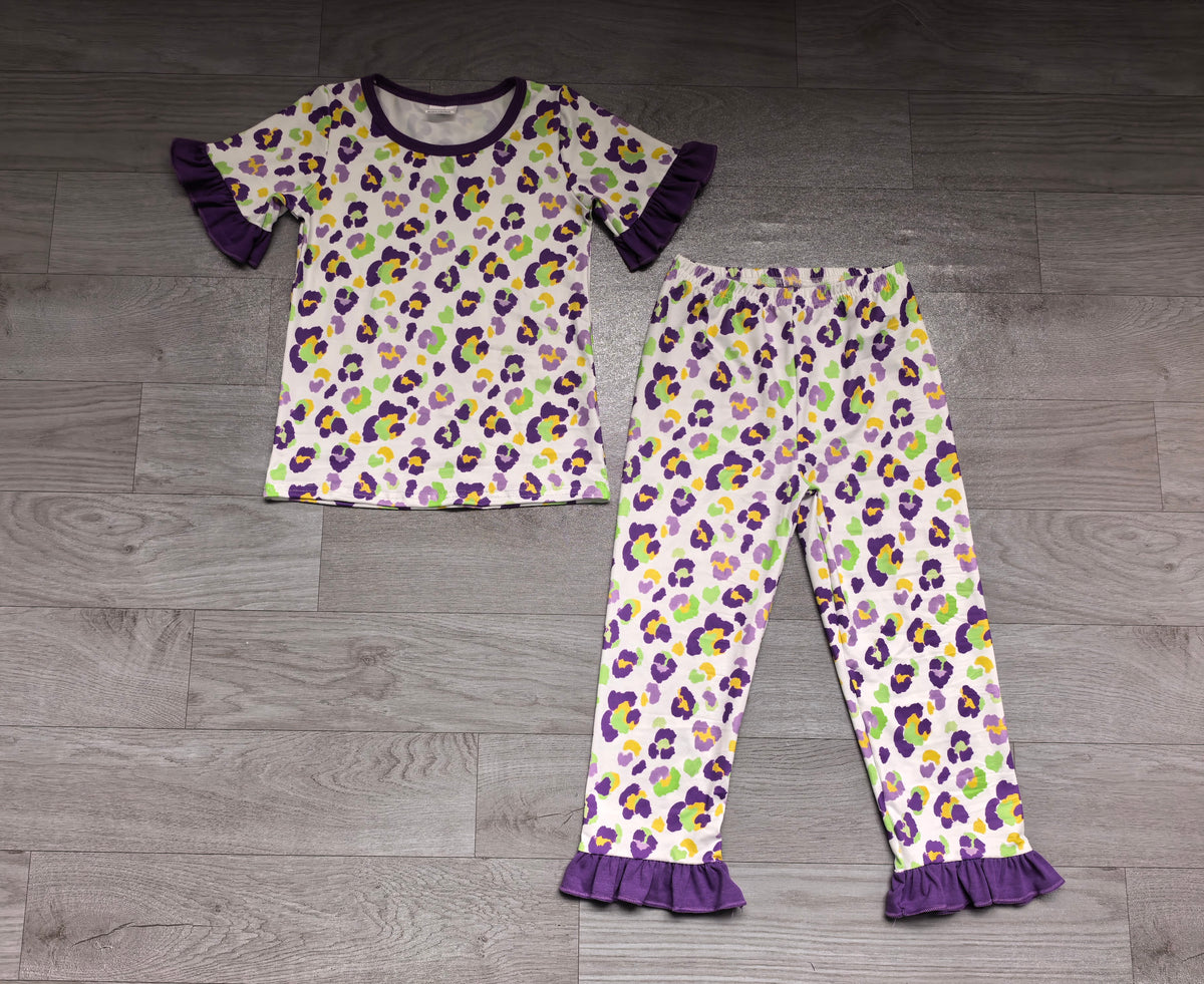 Purple ruffle leopard girls Mardi Gras pajamas