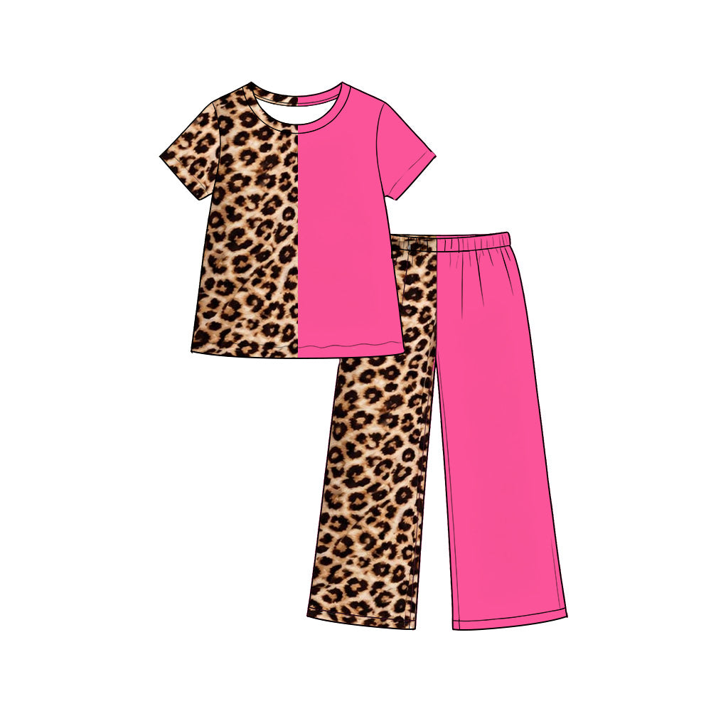 Short sleeves pink leopard top pants girls outfits
