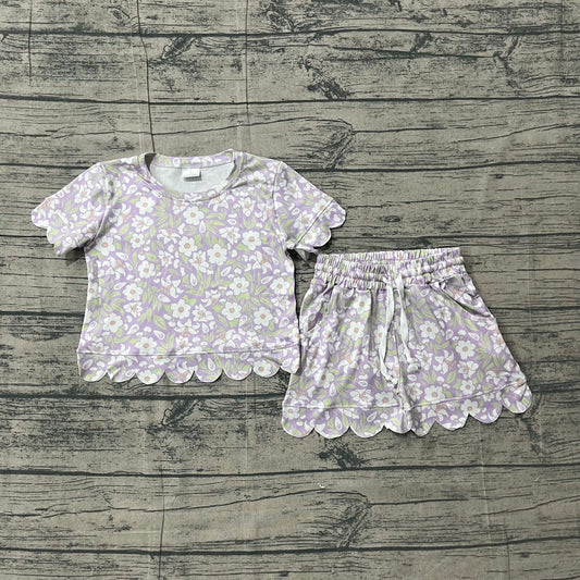 Lavender white floral scallop top shorts girls outfits