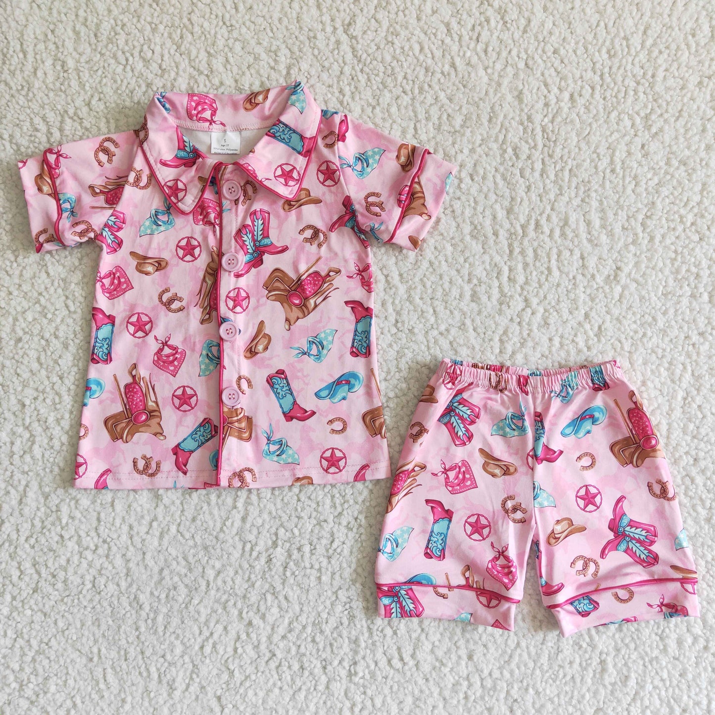 Short sleeve boots print girls pink summer pajamas