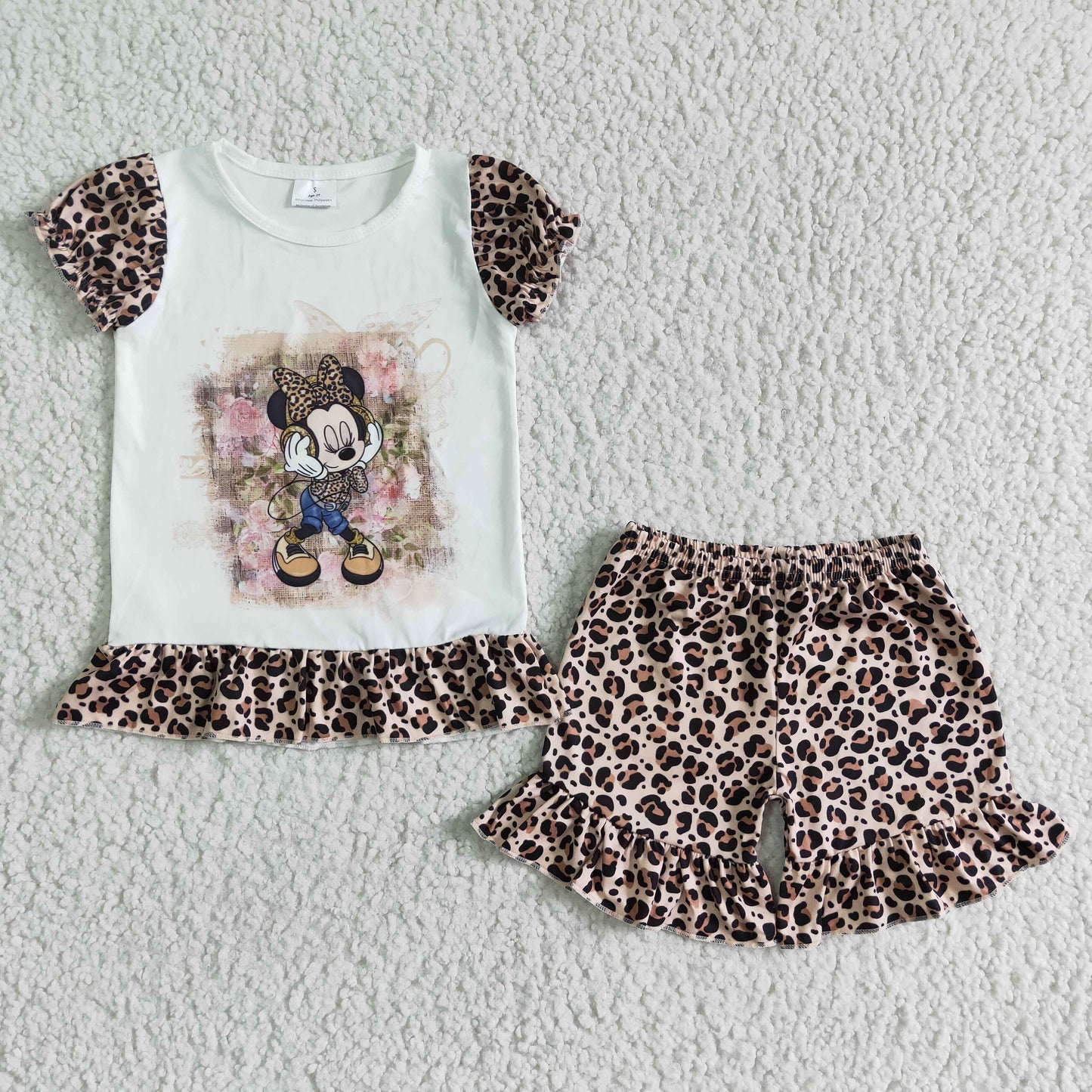 Leopard sleeve shorts cute mouse baby girls outfits