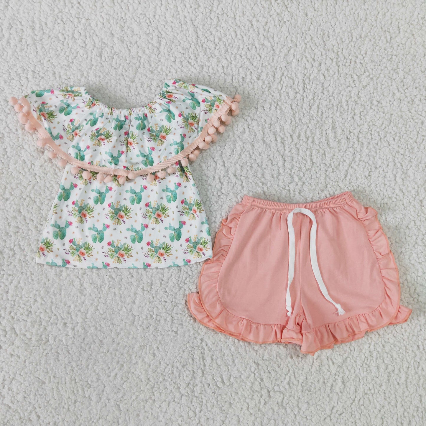 Cactus pom pom shirt ruffle shorts girls summer outfits