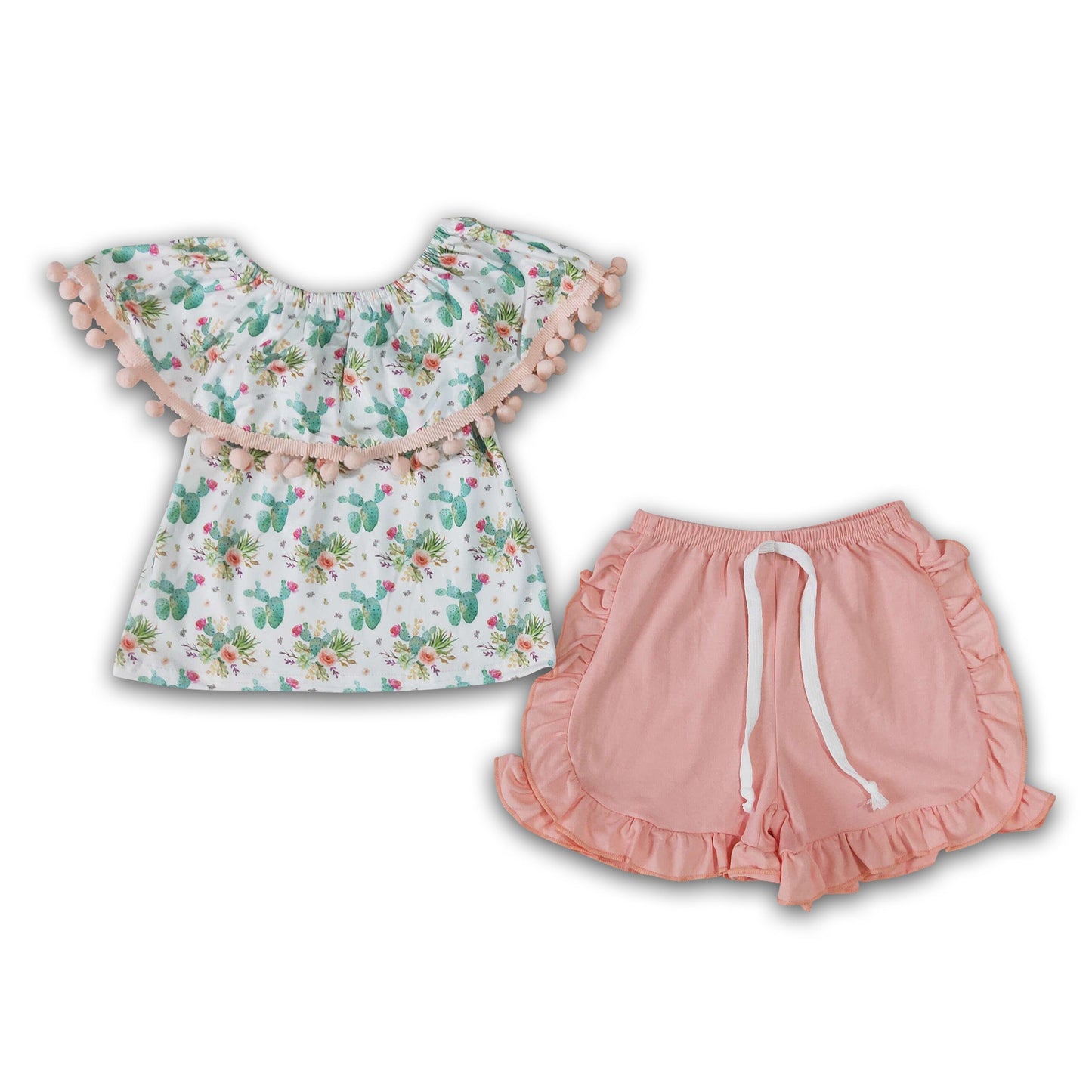 Cactus pom pom shirt ruffle shorts girls summer outfits