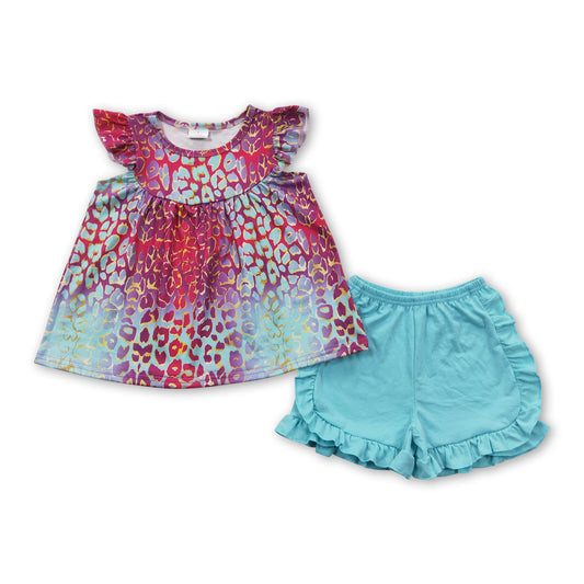 Leopard flutter sleeves shirt aqua shorts girls summer clothes