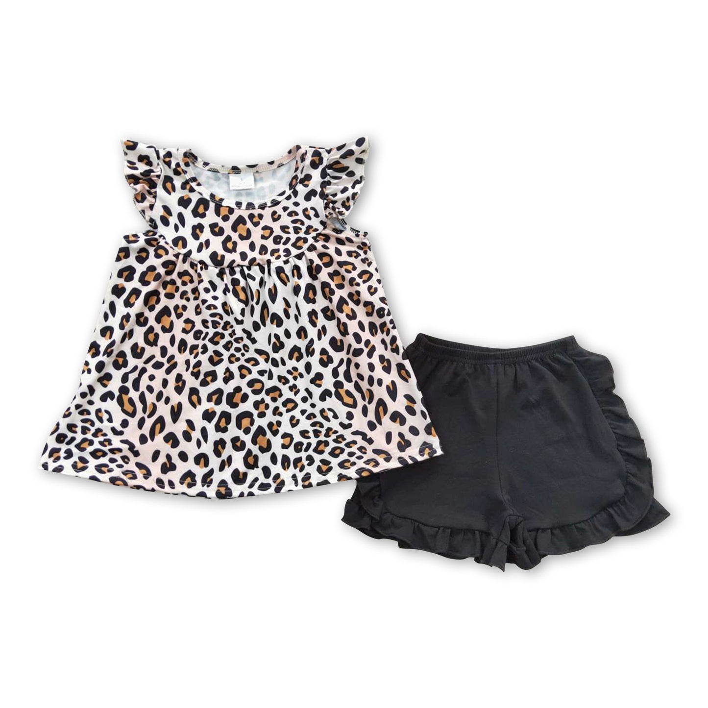 Leopard flutter sleeves shirt black shorts girls summer clothes