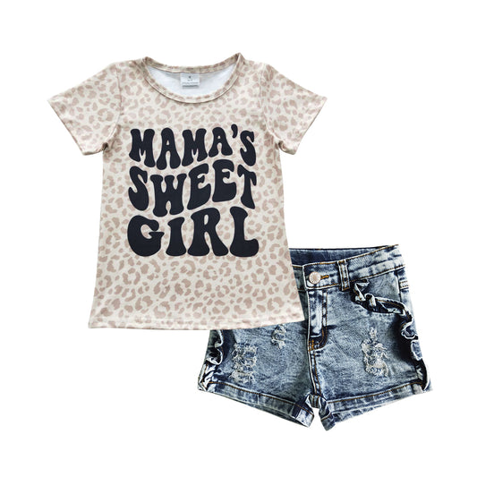 Mama's sweet girl leopard shirt denim shorts baby kids clothes