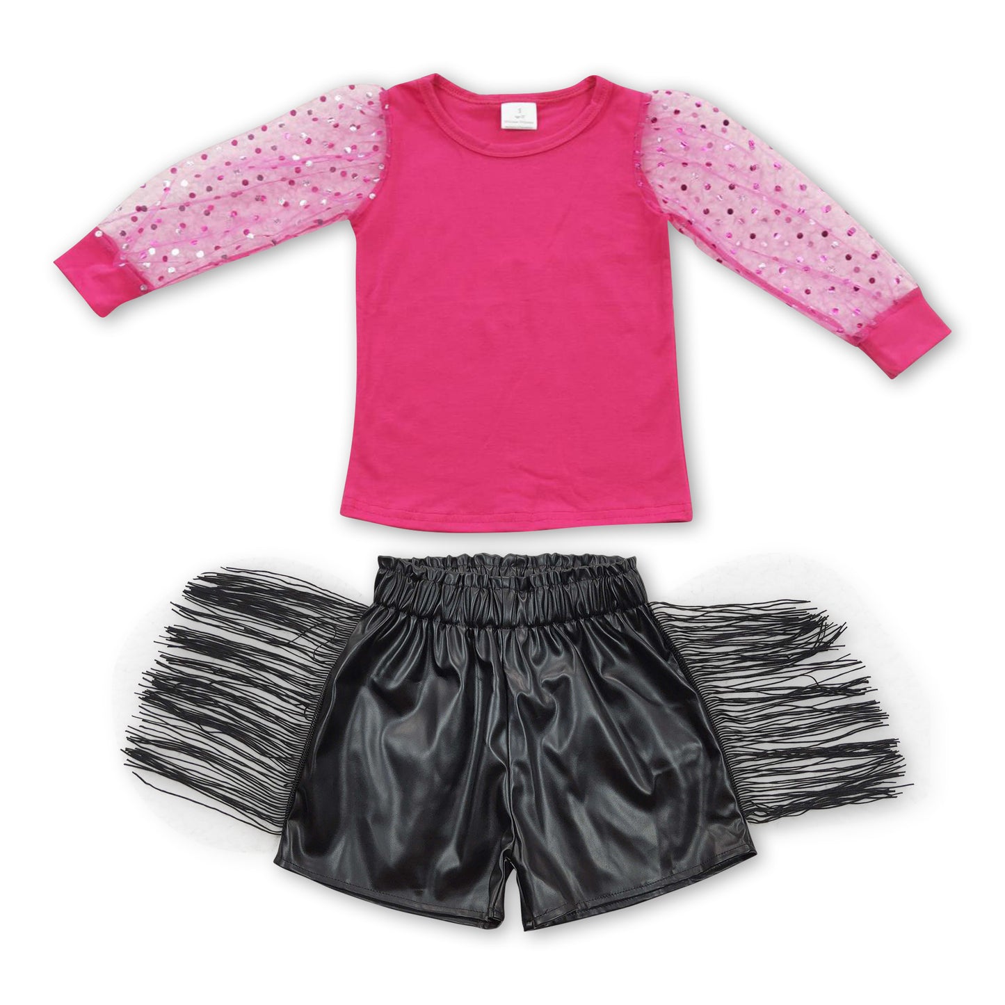 Hot pink shirt black tassels leather shorts girls outfits