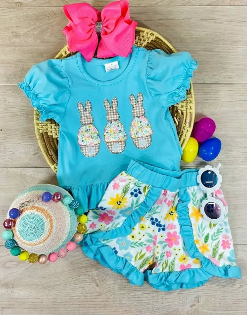 Blue bunny floral shorts baby girls easter outfits