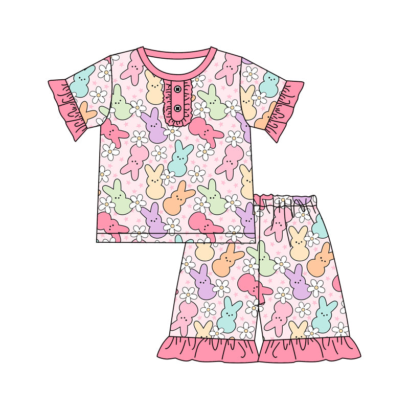 Short sleeves bunny floral kids girls easter pajamas