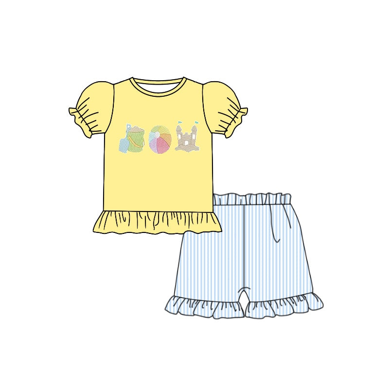 Yellow ball castle top stripe shorts girls beach summer outfits