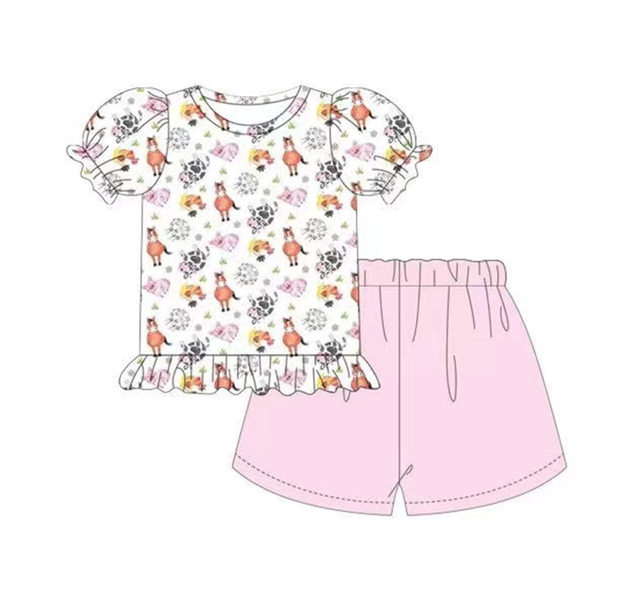 Cow horse pig chicken sheep top shorts girls farm set