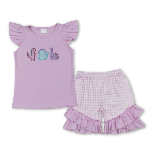 Lavender dinosaur top plaid shorts girls summer clothes