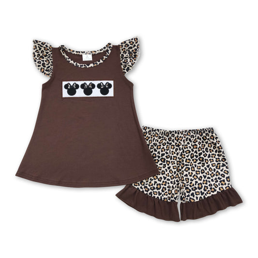 Brown mouse top leopard shorts girls summer clothing