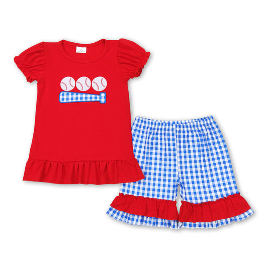 Short sleeves red baseball top plaid shorts girls clothes