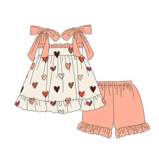 Peach Suspender heart tunic ruffle shorts girls valentine's set