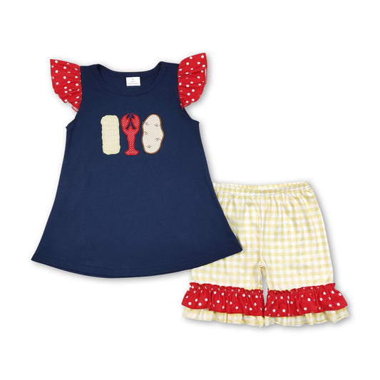 Navy corn crawfish top plaid shorts girls clothing set