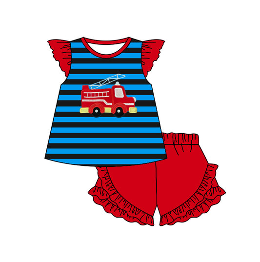 Stripe fire truck top ruffle shorts girls clothes