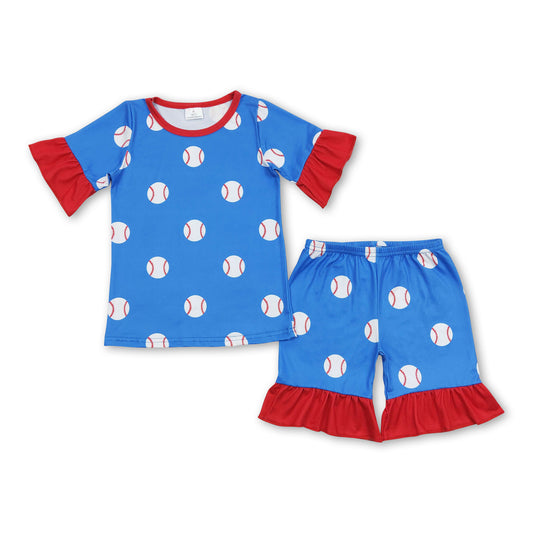 Blue baseball short sleeves kids girls pajamas